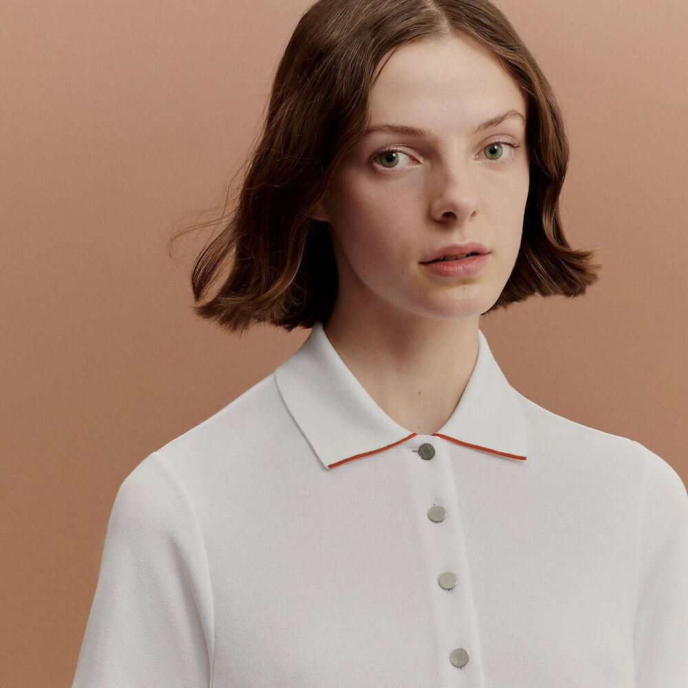HERMES White Orange Womens Riding Polo Shirt Double Jeu technical XL Large NEW